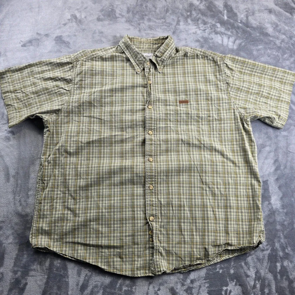 Carhartt Button Down Shirt Mens 2XL Green Plaid Short Sleeve Cotton Workwear